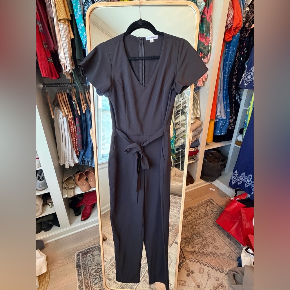 DownEast Black V-Neck Jumpsuit with Belted Waist
